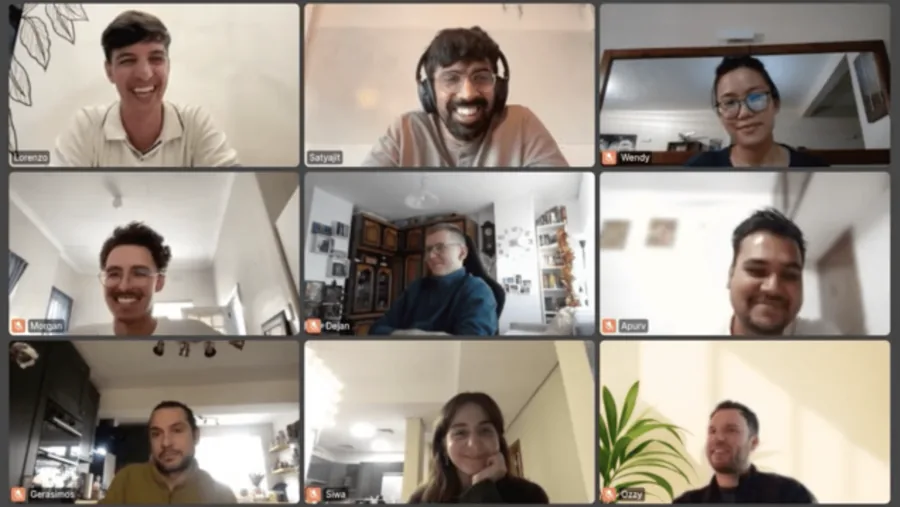 Nine students together on a live video call.