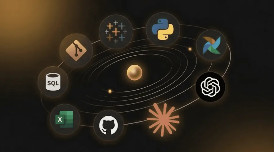 Tool logos orbiting a central point: Python, SQL, Excel, Git, GitHub, Airflow and OpenAI.