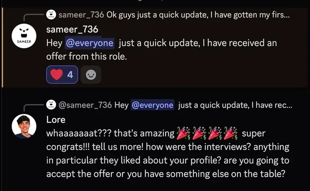 Student message sharing a job offer