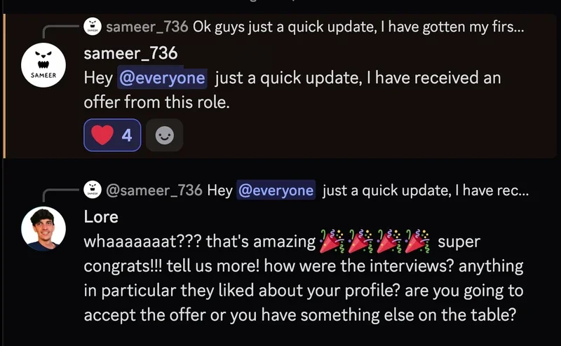 Student message sharing a job offer