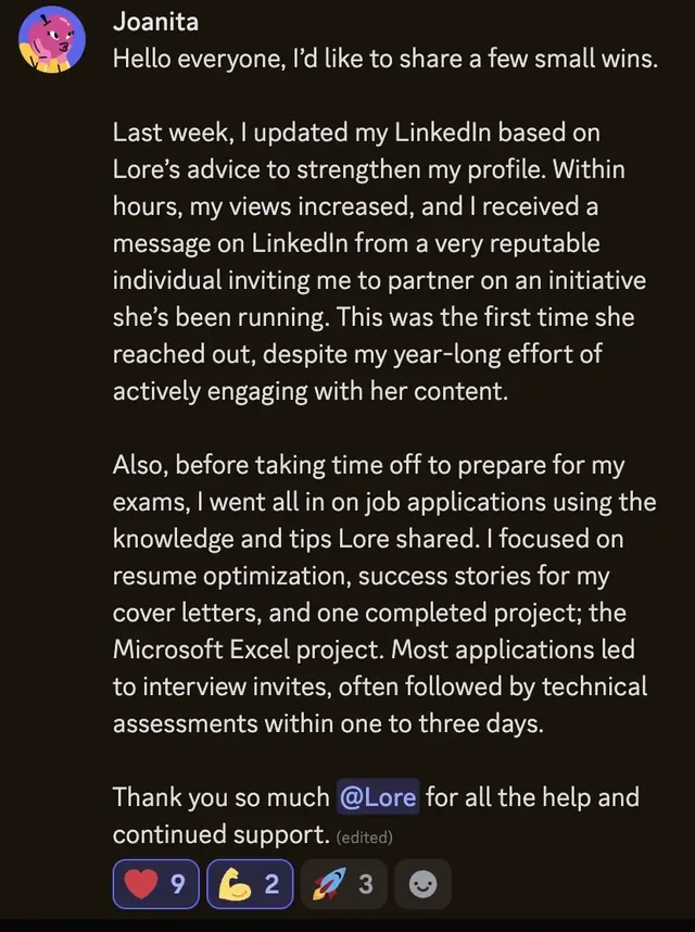 Joanita sharing LinkedIn traction and interview invites