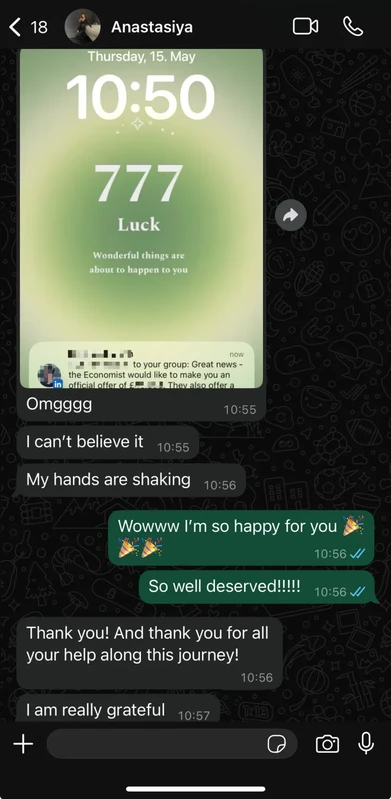 Student message sharing a job offer