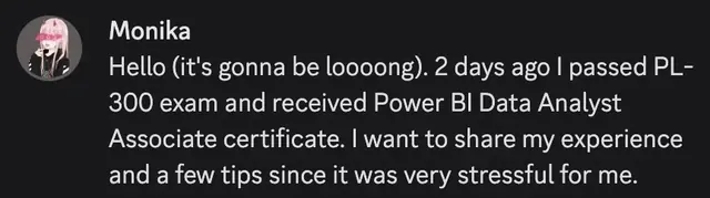 Monika passing the PL-300 certification