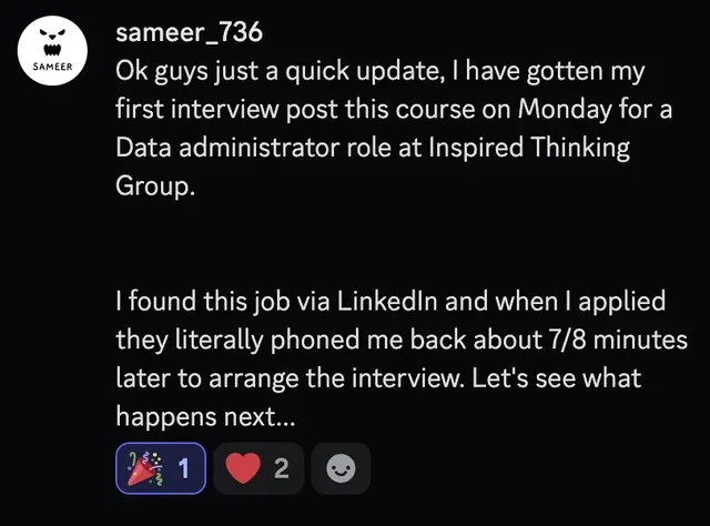 Sameer called back minutes after applying