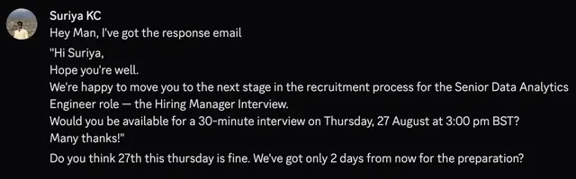 Suriya moving to the hiring manager interview