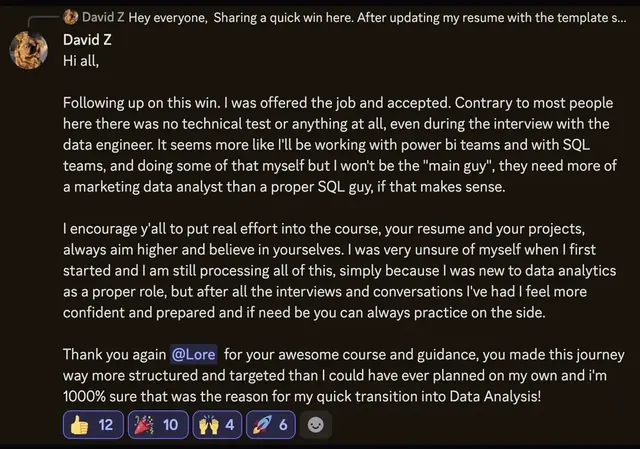 David accepting a Data Analyst offer
